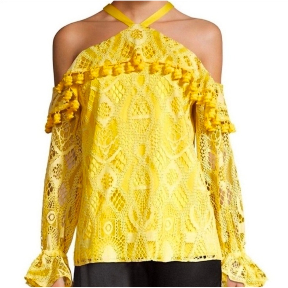Alexis Yellow Lace off the Shoulder Pom Pom Halter lace Top‎ Medium